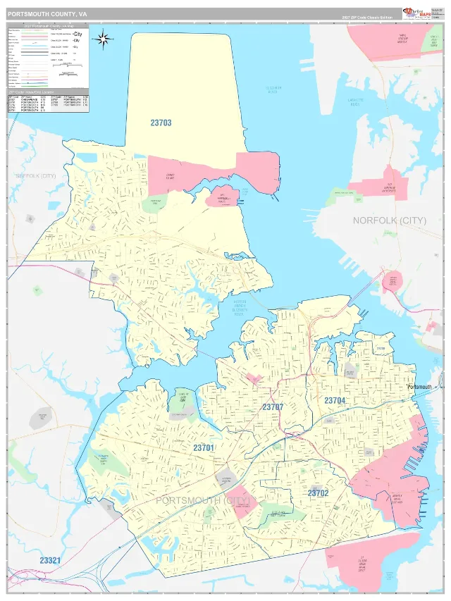 Portsmouth County, VA ZIP Code Wall Map, Classic style
