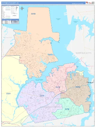 Portsmouth County, VA ColorCast style ZIP Code wall map
