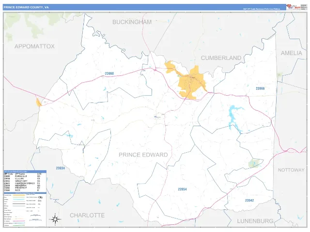 Prince Edward County, VA ZIP Code Wall Map, Business Reference style