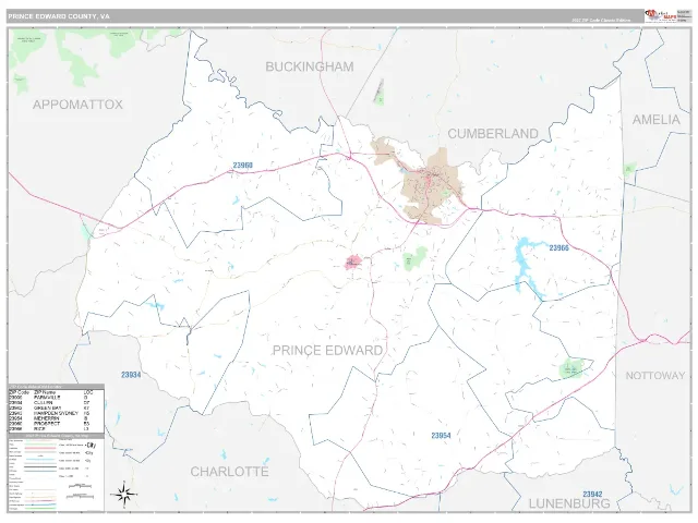 Prince Edward County, VA ZIP Code Wall Map, Classic style