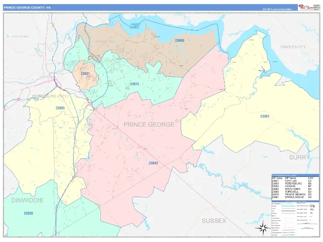 Prince George County, VA ZIP Code Wall Map, ColorCast style