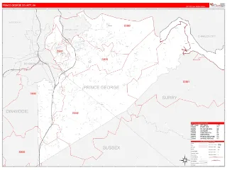 Prince George County, VA RedLine style ZIP Code wall map