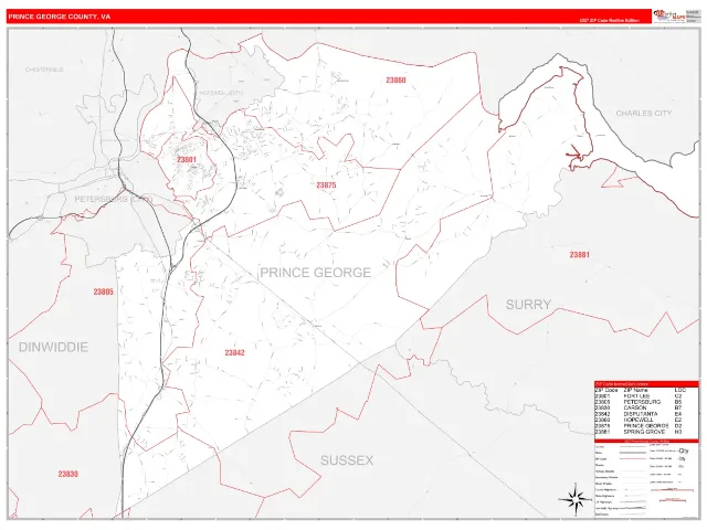 Prince George County, VA ZIP Code Wall Map, RedLine style