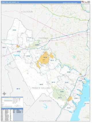 Prince William County, VA Business Reference style ZIP Code wall map