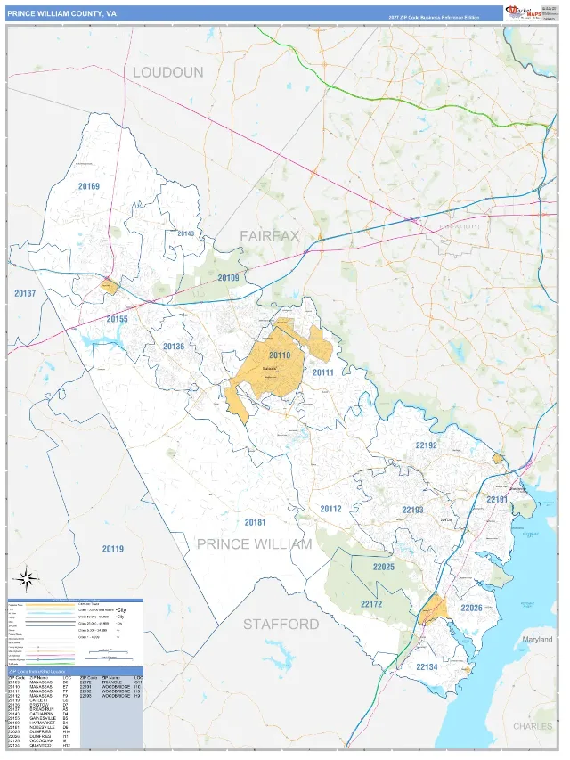 Prince William County, VA ZIP Code Wall Map, Business Reference style