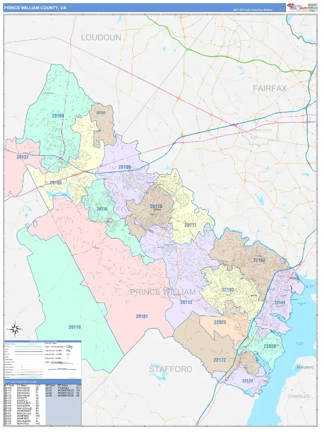 Prince William County, VA ZIP Code Wall Map, ColorCast style