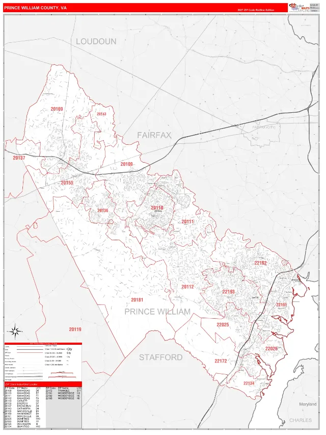 Prince William County, VA ZIP Code Wall Map, RedLine style