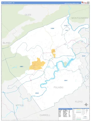 Pulaski County, VA Business Reference style ZIP Code wall map