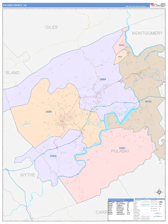 Pulaski County, VA ZIP Code Wall Map, ColorCast style