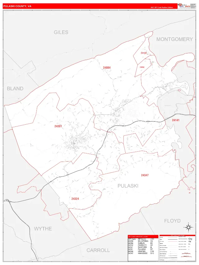 Pulaski County, VA ZIP Code Wall Map, RedLine style
