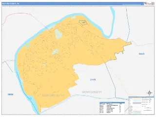 Radford County, VA Business Reference style ZIP Code wall map