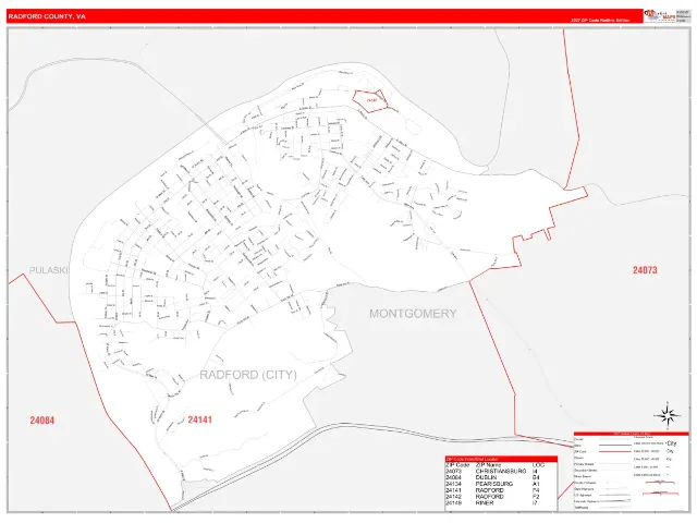 Radford County, VA ZIP Code Wall Map, RedLine style