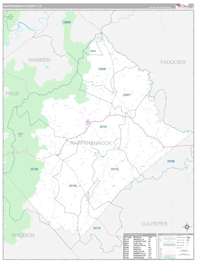 Rappahannock County, VA ZIP Code Wall Map, Classic style