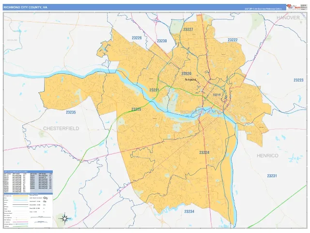 Richmond City County, VA ZIP Code Wall Map, Business Reference style