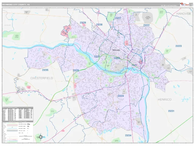 Richmond City County, VA ZIP Code Wall Map, Classic style