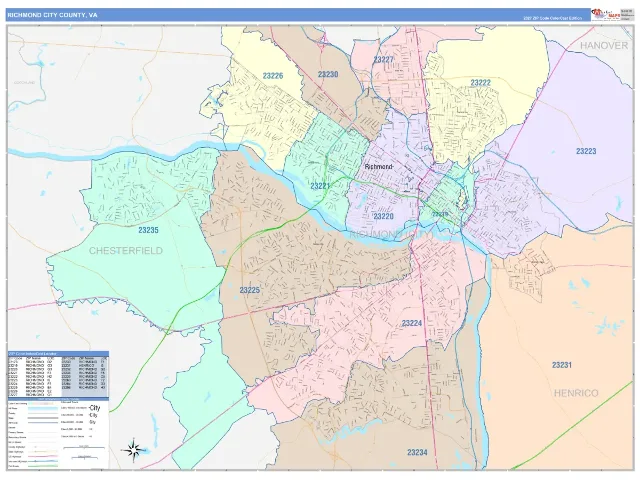 Richmond City County, VA ZIP Code Wall Map, ColorCast style