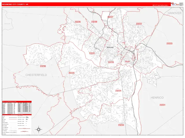 Richmond City County, VA ZIP Code Wall Map, RedLine style