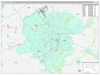Roanoke City County, VA Classic style ZIP Code wall map