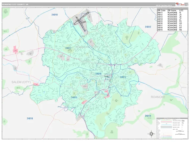 Roanoke City County, VA ZIP Code Wall Map, Classic style