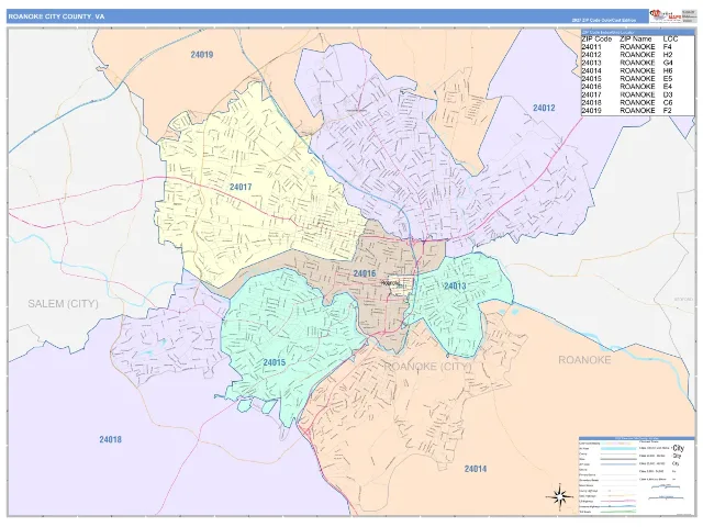 Roanoke City County, VA ZIP Code Wall Map, ColorCast style