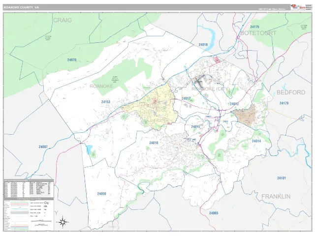 Roanoke County, VA ZIP Code Wall Map, Classic style