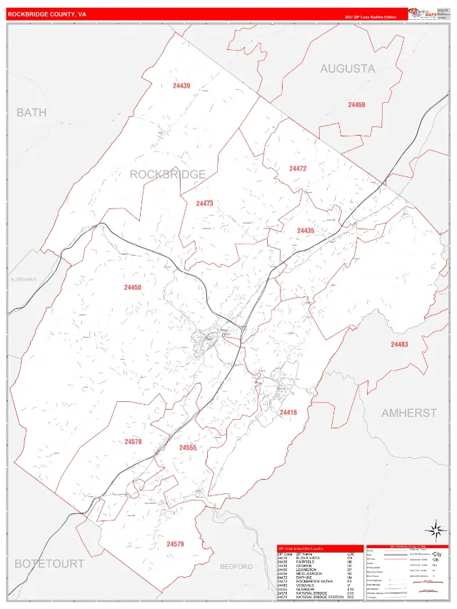 Rockbridge County, VA ZIP Code Wall Map, RedLine style
