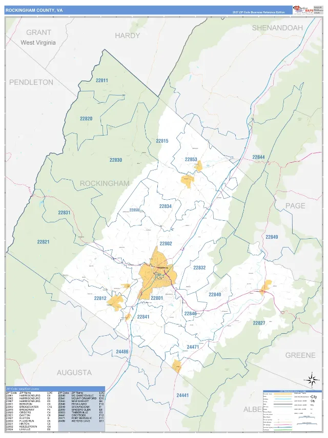 Rockingham County, VA ZIP Code Wall Map, Business Reference style