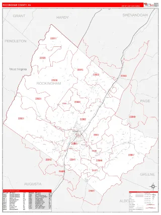Rockingham County, VA RedLine style ZIP Code wall map