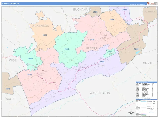 Russell County, VA ZIP Code Wall Map, ColorCast style