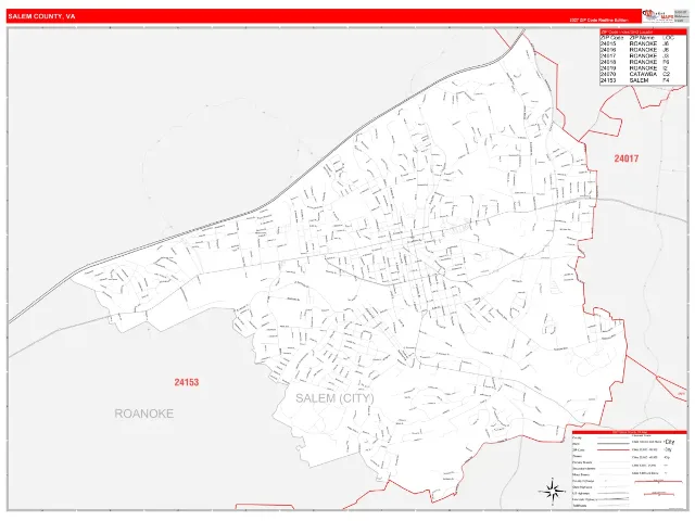 Salem County, VA ZIP Code Wall Map, RedLine style