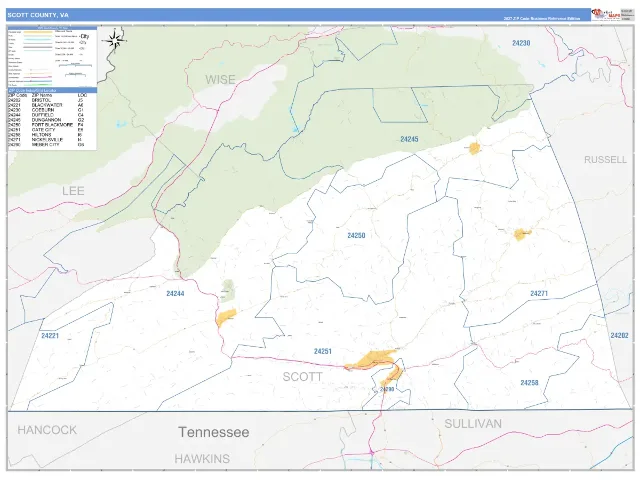 Scott County, VA ZIP Code Wall Map, Business Reference style