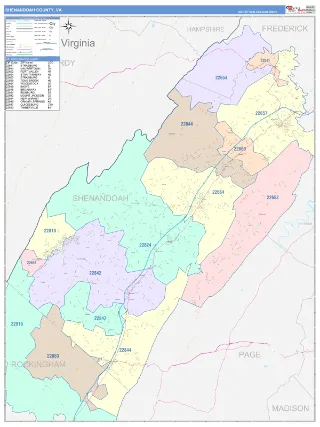 Shenandoah County, VA ColorCast style ZIP Code wall map