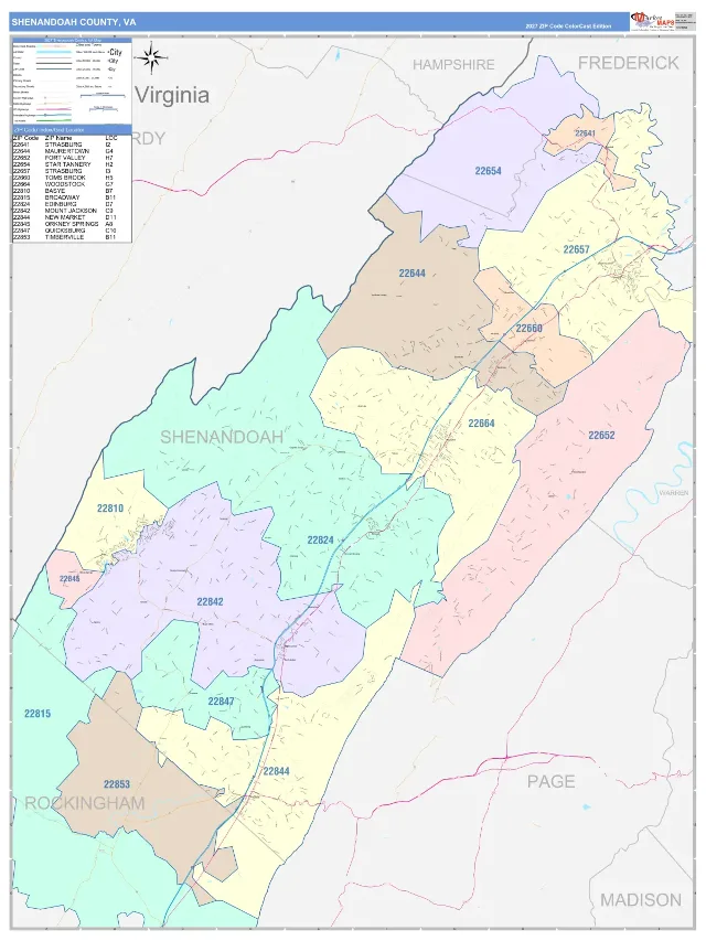 Shenandoah County, VA ZIP Code Wall Map, ColorCast style