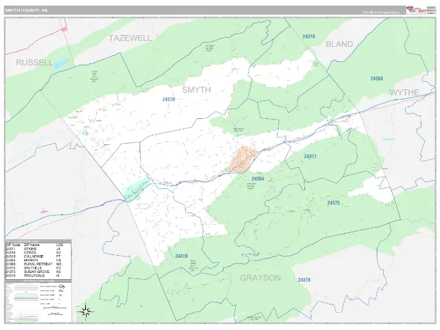 Smyth County, VA ZIP Code Wall Map, Classic style