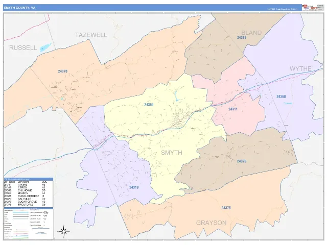 Smyth County, VA ZIP Code Wall Map, ColorCast style