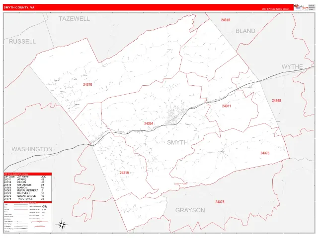 Smyth County, VA ZIP Code Wall Map, RedLine style