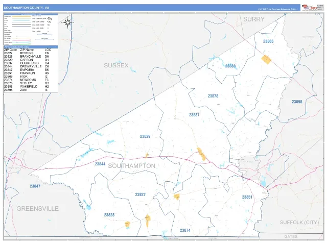 Southampton County, VA ZIP Code Wall Map, Business Reference style