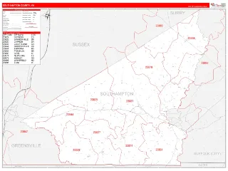 Southampton County, VA RedLine style ZIP Code wall map