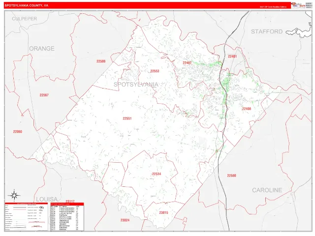 Spotsylvania County, VA ZIP Code Wall Map, RedLine style