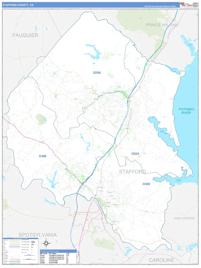 Stafford County, VA ZIP Code Wall Map, Business Reference style