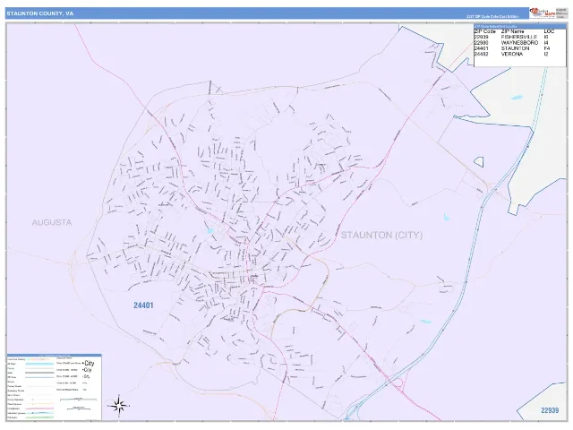 Staunton County, VA ZIP Code Wall Map, ColorCast style