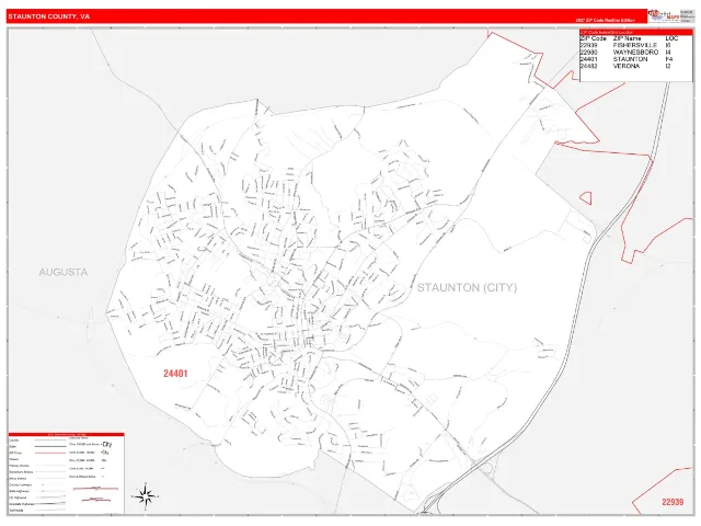 Staunton County, VA ZIP Code Wall Map, RedLine style