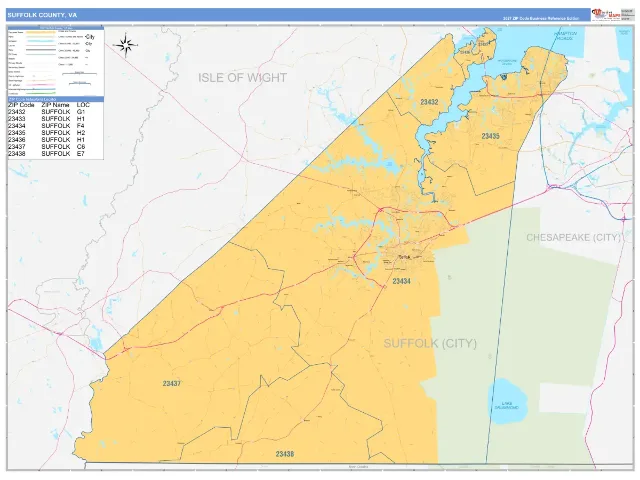 Suffolk County, VA ZIP Code Wall Map, Business Reference style