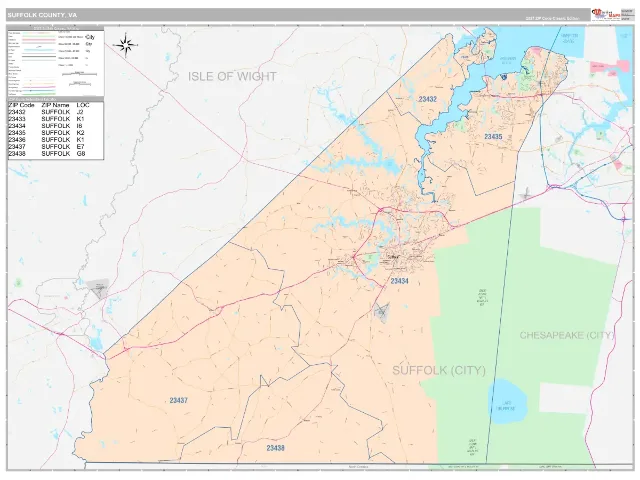 Suffolk County, VA ZIP Code Wall Map, Classic style