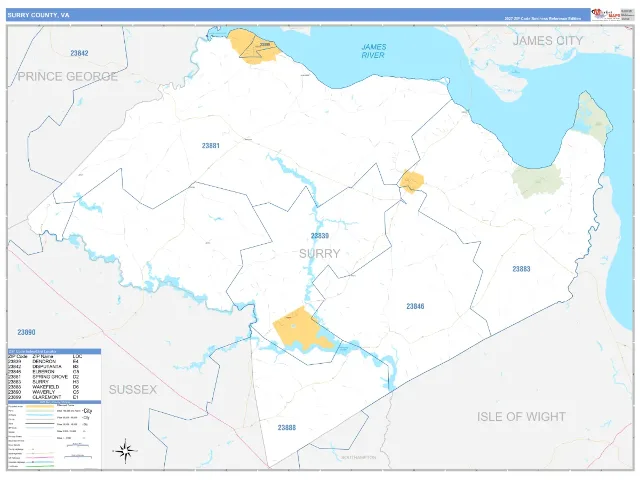 Surry County, VA ZIP Code Wall Map, Business Reference style