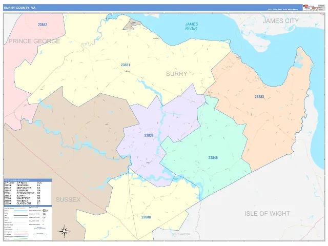 Surry County, VA ZIP Code Wall Map, ColorCast style