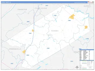 Sussex County, VA Business Reference style ZIP Code wall map