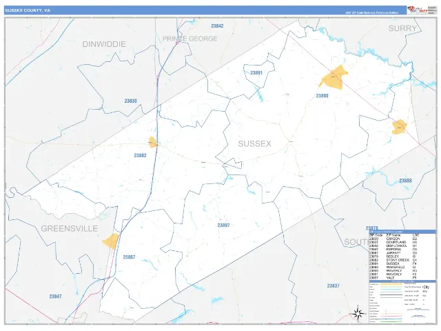 Sussex County, VA ZIP Code Wall Map, Business Reference style