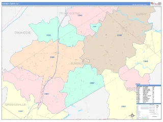 Sussex County, VA ColorCast style ZIP Code wall map