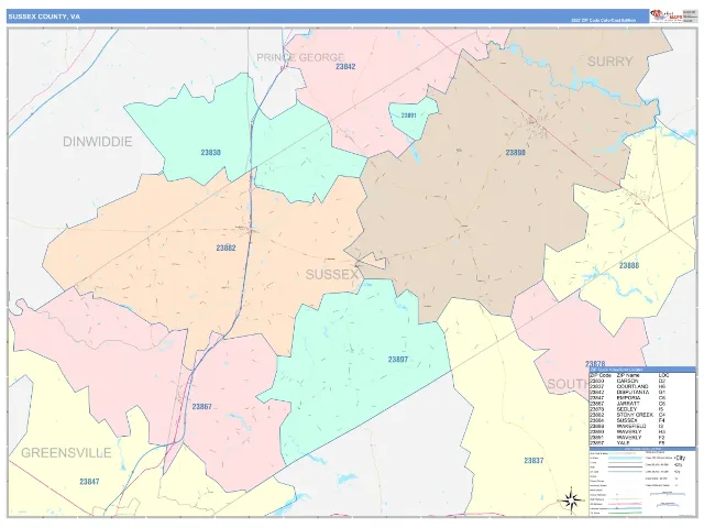 Sussex County, VA ZIP Code Wall Map, ColorCast style